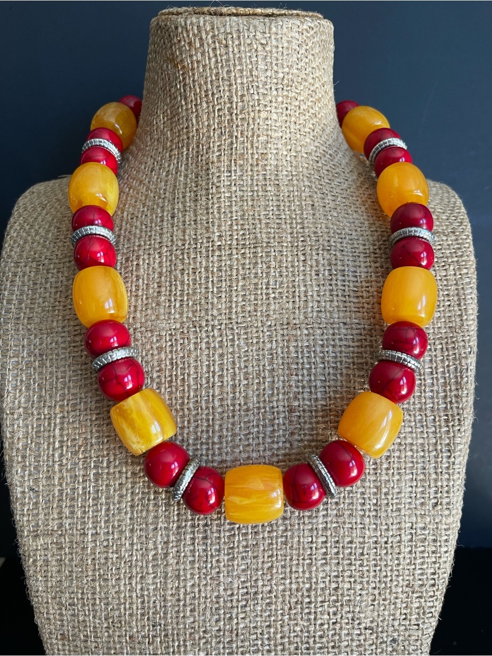 Elegant faux amber &  red bead Statement Necklace